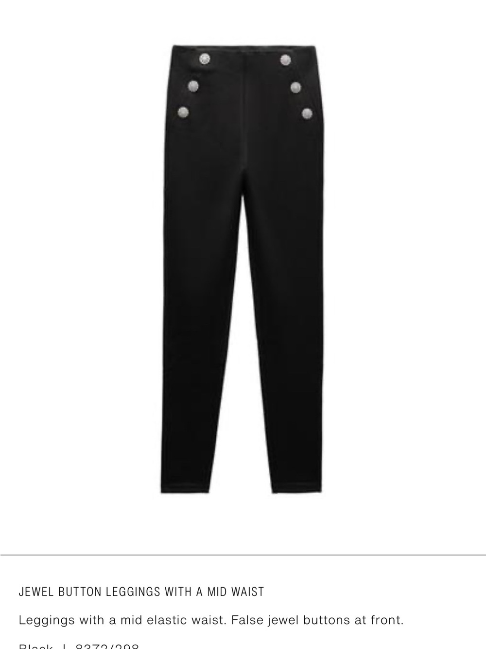NWT Zara Black Mid-Waist Leggings with Crystal Button Detail M